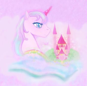 cute unicorn rainbow and fairy-tale princess castle