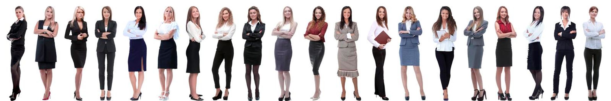 group of successful young businesswoman standing in a row. isolated on white background