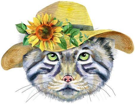 Watercolor drawing of the animal - cat manul in summer hat with sunflower, sketch