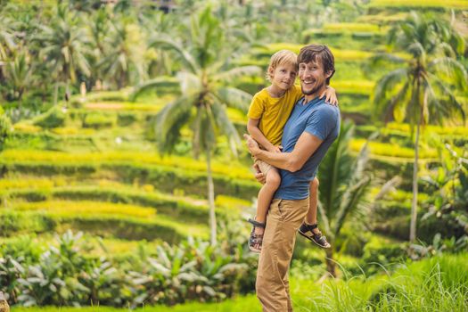 Dad and son travelers on Beautiful Rice Terraces against the background of famous volcanoes in Bali, Indonesia Traveling with children concept.