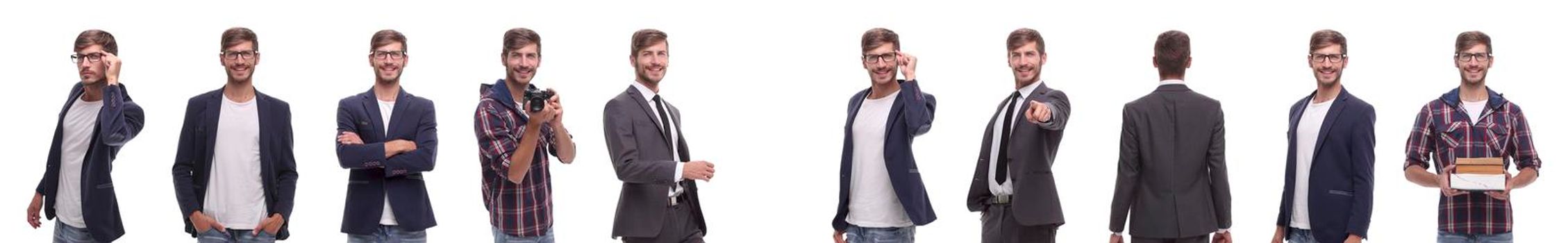 panoramic collage of self-motivated young man .isolated on white background