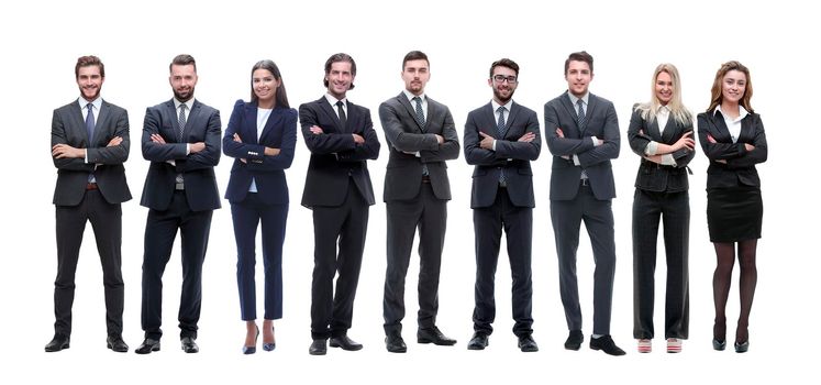 group of young successful entrepreneurs standing in a row. isolated on white background.