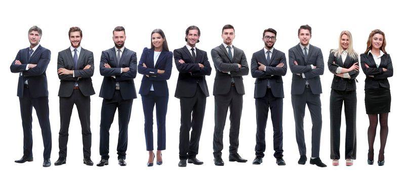 group of young successful entrepreneurs standing in a row. isolated on white background.