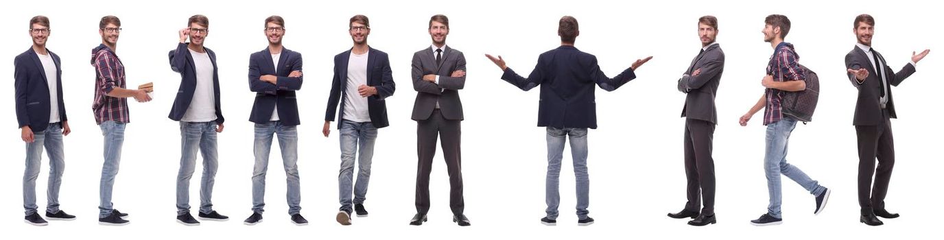 panoramic collage of self-motivated young man .isolated on white background