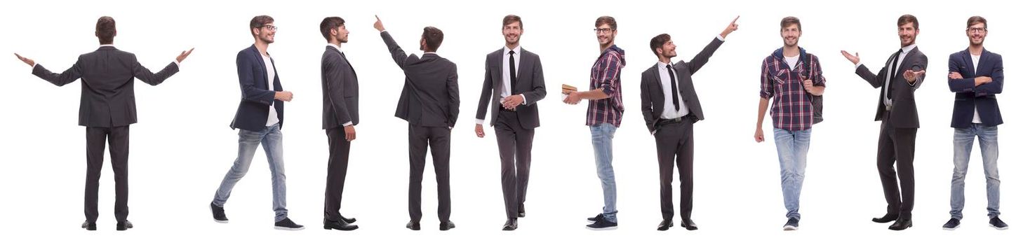 panoramic collage of self-motivated young man .isolated on white background