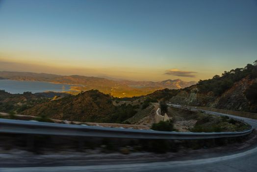 DATCA, MUGLA, TURKEY: Beautiful Evening landscape with a view of the road and mountains.