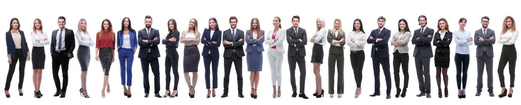 panoramic photo of a group of young entrepreneurs standing in a row . isolated on white