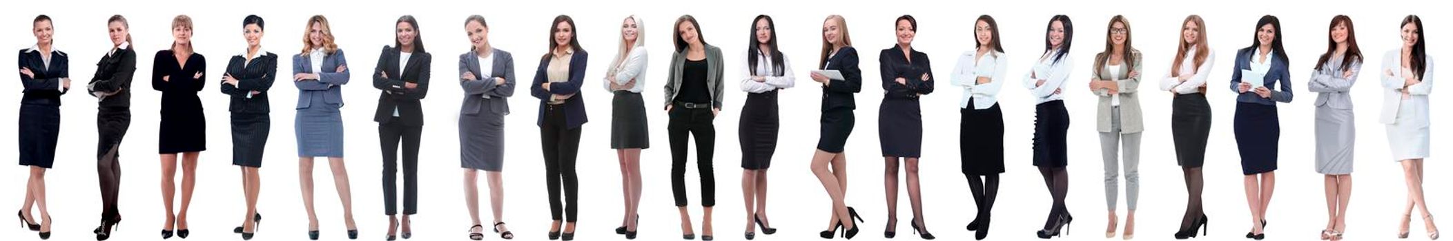 group of successful young businesswoman standing in a row. isolated on white background