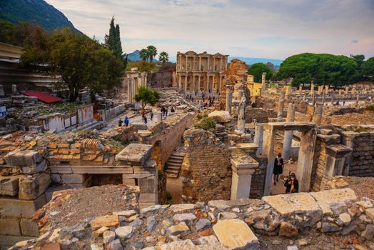 EPHESUS, SELCUK, IZMIR, TURKEY: Celsius Library and Ruins in the ancient city of Ephesus in the Turkish city of Selcuk, Izmir. Most visited ancient city in Turkey.