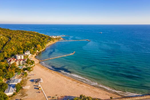 A beautiful aerial view from drone to coastline with bay and beach