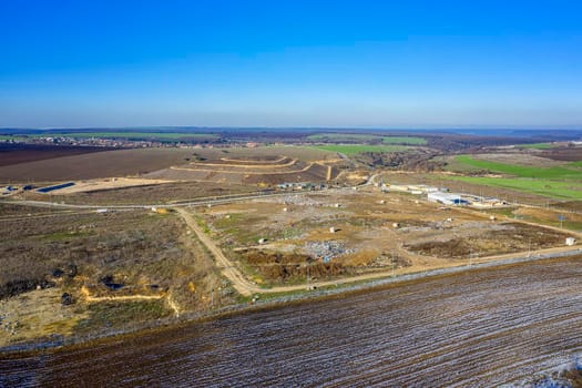 Aerial top view from drone of a city garbage dump. Waste Disposal Facility