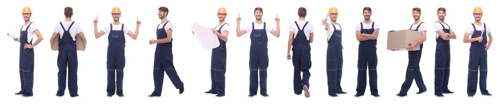 panoramic collage of skilled handyman isolated on white background.