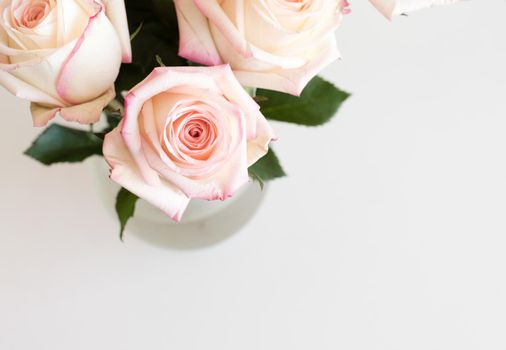 High angle view of pink and cream roses in glass vase on white table (cropped and selective focus)
