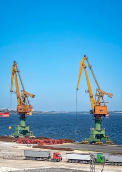 Port cranes ready to load containers from cargo ships. Vertical view