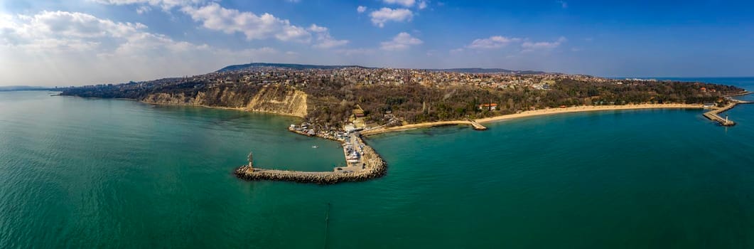 Aerial view from drone of coastline with breakwater  near Varna city, Bulgaria. High resolution