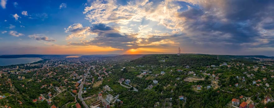 Stunning aerial panoramic view of sunset over the city Varna, Bulgaria. 