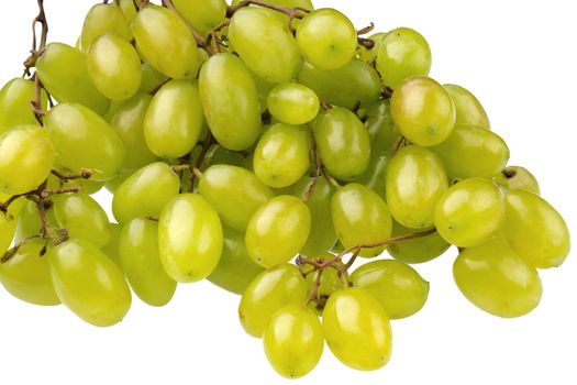 A bunch of table grapes on a white background and a bunch of white grapes scattered, on a white background