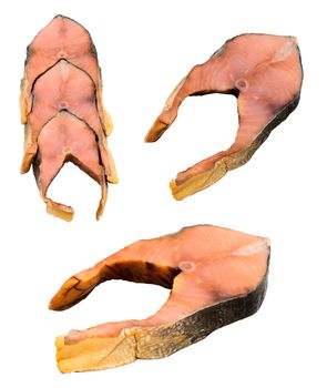 Part, of cut fish pink salmon, on a white background in isolation, collage