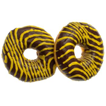 Two American donuts covered with chocolate and with yellow stripes on a white background in isolation