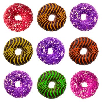 Collage of appetizing American donuts, on white background isolated
