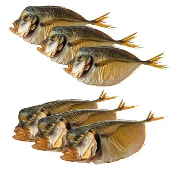 Smoked vomer fish, collage, on white background isolated