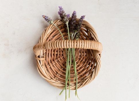 Top down view of small bunch of lavender in small wicker basket on neutral limestone background (selective focus)