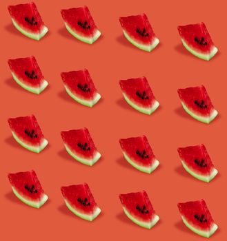 Identical pieces of cut ripe watermelon, on a red background collage