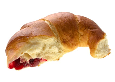 Confectionery, part of a ruddy bun with cherry filling, on a white background