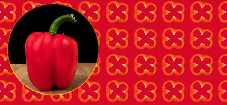 Ripe bell peppers, red, on a wooden board on a black background, place for text, template for a banner