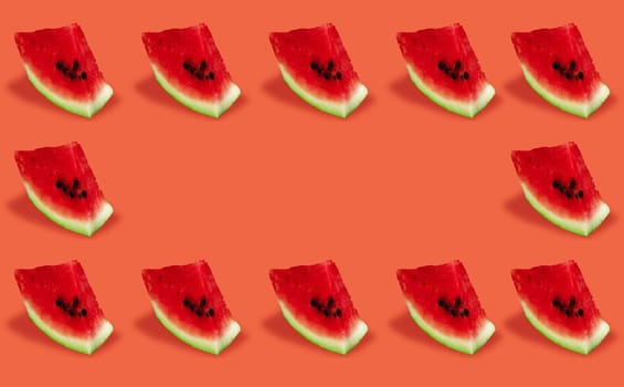 Identical pieces of sliced ripe watermelon, on a red background collage, place for text