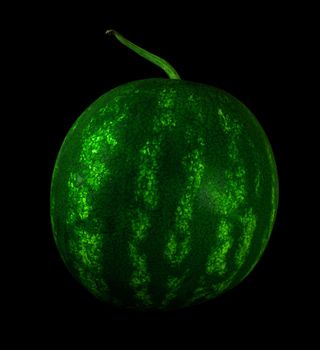 Whole ripe watermelon fruit, on black background isolated