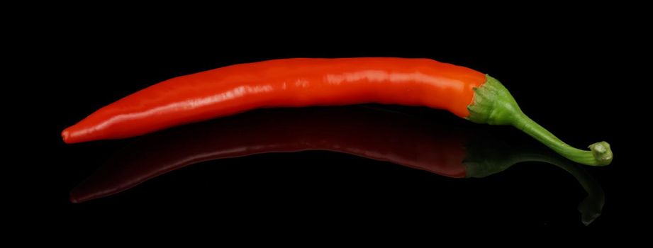 Ripe hot chili peppers, red, on a black background in isolation, with delight