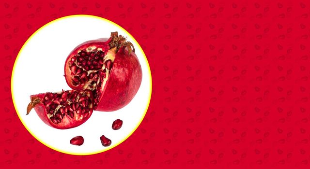 pomegranate cut into pieces and grain separately on a white background, a place for the text on a red background, a template under a banner