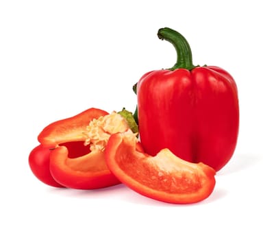 ripe bell peppers, whole and chopped into pieces, on white background with shadow