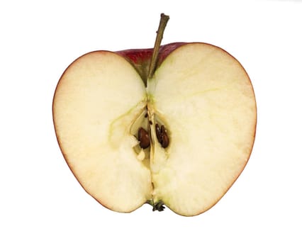 Sliced half of an apple, red filling, on a white background