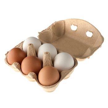 Chicken eggs in a paper disposable tray, in the amount of six pieces, on a white background in isolation
