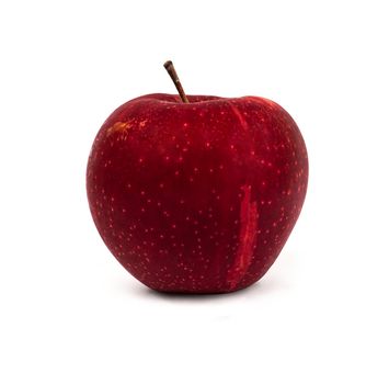 A whole ripe apple, red variety, on a white background with, a shadow