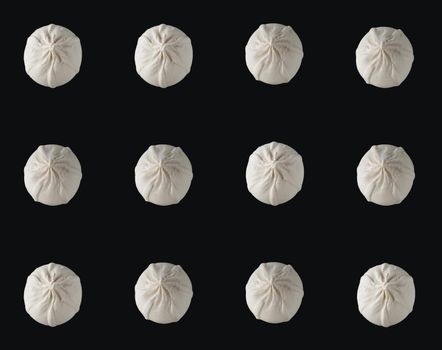 Khinkali with raw dough, on a black background, collage