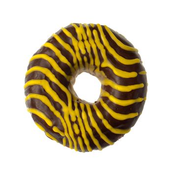 American donut covered with shekolade and with yellow stripes, on a white background