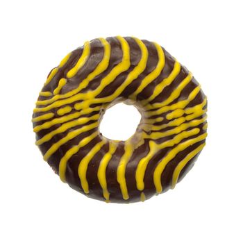 American donut covered with shekolade and with yellow stripes, on a white background