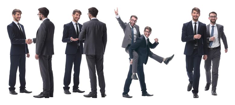 smiling businessman sitting on the back of his colleague . isolated on white background.