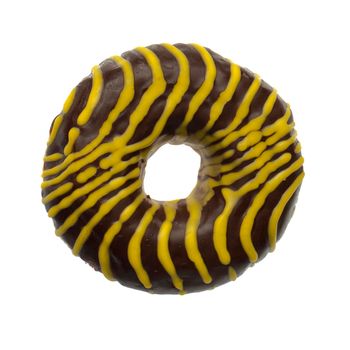 American donut covered with shekolade and with yellow stripes, on a white background