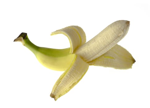 One ripe banana, half peeled on a white background, isolated