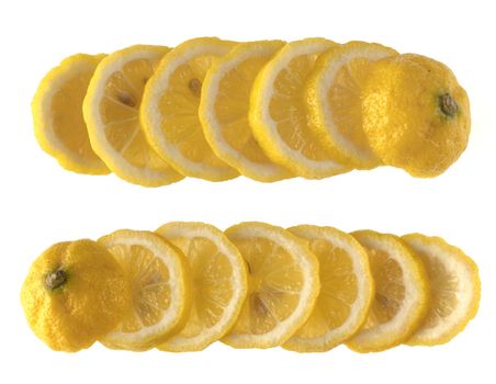 Collage of ripe lemon fruit cut into equal parts and laid out in rows on a white background