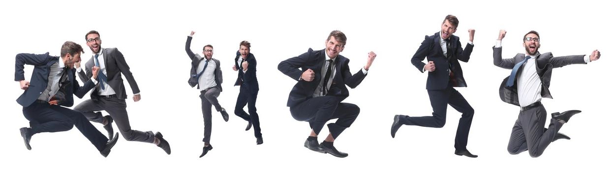 in full growth. two cheerful dancing business people. isolated on white background.