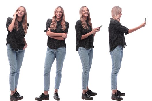 collage of photos of a positive young woman in jeans. isolated on a white background