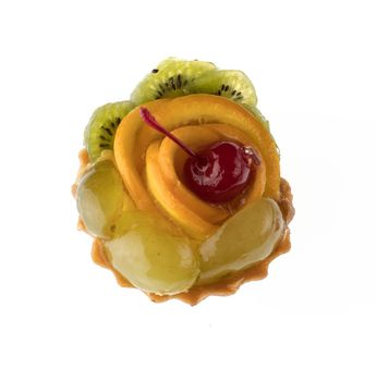 Dessert, fruit cake, with cherry grapes and orange slices, on a white background in isolation