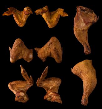 Collage of chicken under smoked legs, on black background isolated