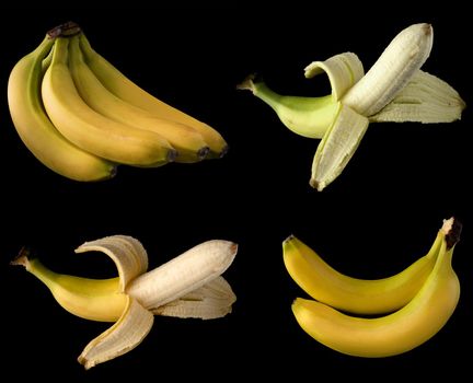 Collage of ripe bananas, whole and half peeled, on a black background isolated