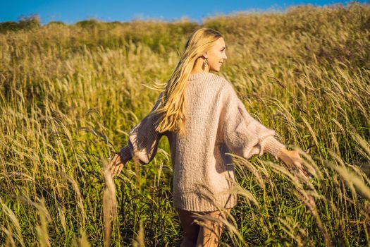 Young beautiful woman in autumn landscape with dry flowers, wheat spikes. Fashion autumn, winter. Sunny autumn, Cozy autumn sweater. fashion photo.